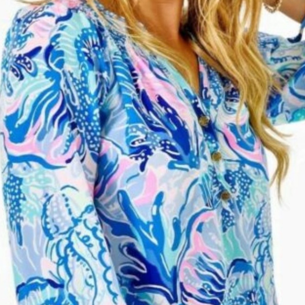 Lily Pulitzer Elsa Silk Blouse In Saltwater Blue Shade Seekers Top XS NEW!